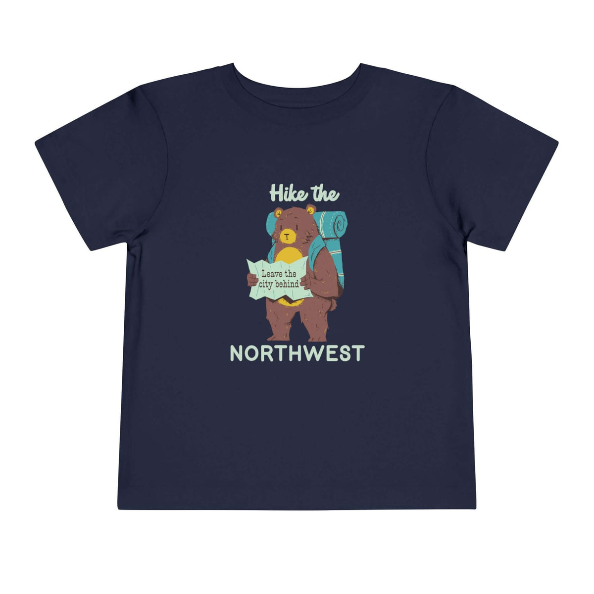 Hike the Northwest toddler tee showing a bear with a backpack and map on a navy background.