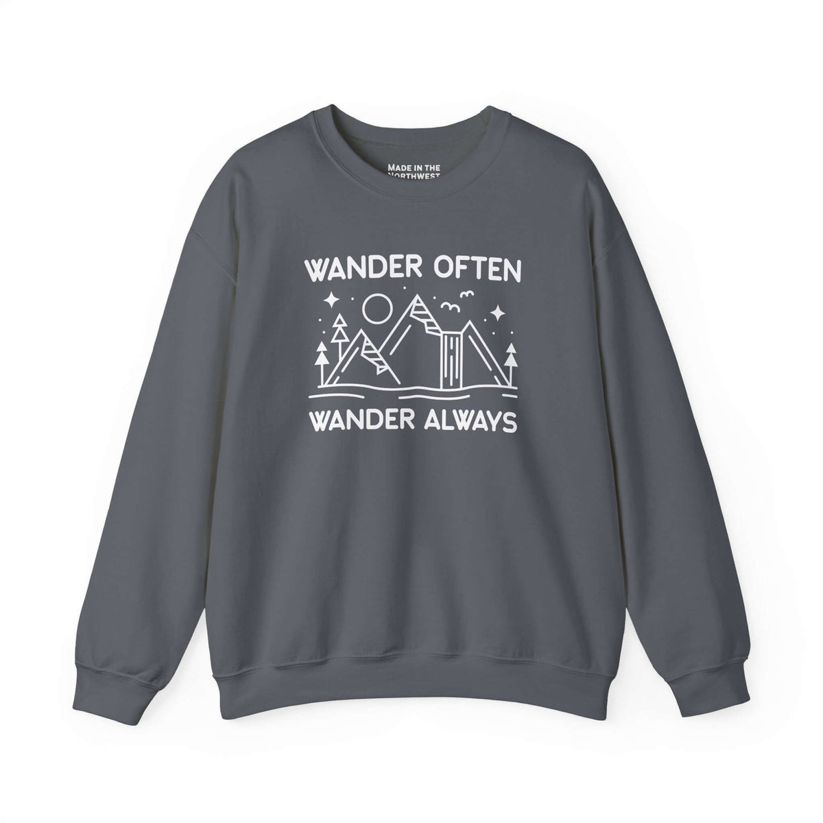 Wander Often Wander Always Sweatshirt featuring mountain and tent design in soft grey fabric.