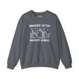 Wander Often Wander Always Sweatshirt featuring mountain and tent design in soft grey fabric.
