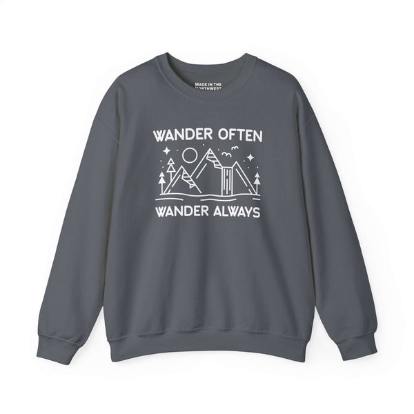 Wander Often Wander Always Sweatshirt featuring mountain and tent design in soft grey fabric.