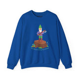 Blue sweatshirt featuring a gnome with an axe on a stump and the phrase 