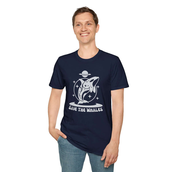 Navy Save the Whales Orca Softstyle T-Shirt featuring a mystical orca graphic and bold design.