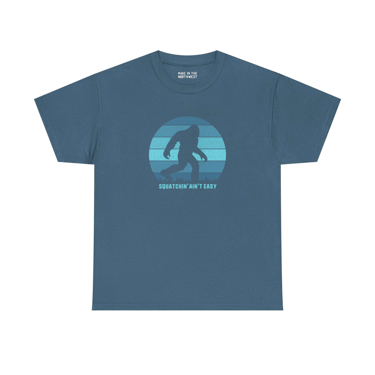 Squatchin' Ain't Easy athletic tee featuring a Bigfoot silhouette in circular design, perfect for cryptid enthusiasts.