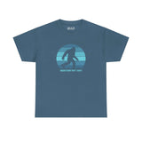 Squatchin' Ain't Easy athletic tee featuring a Bigfoot silhouette in circular design, perfect for cryptid enthusiasts.