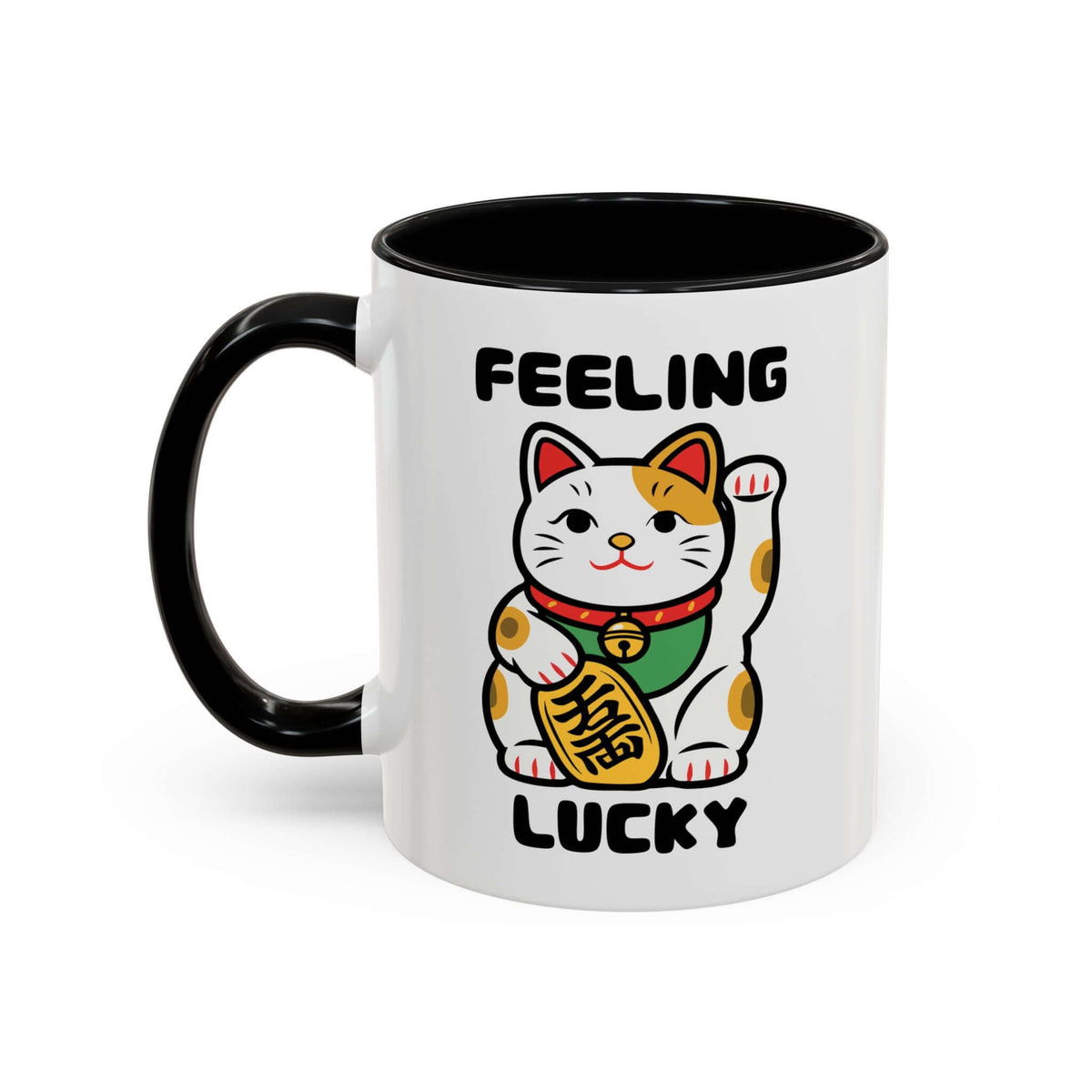 Feeling Lucky Cat Mug - Cute Maneki-Neko Illustration with a cheerful cat design and colorful handle.