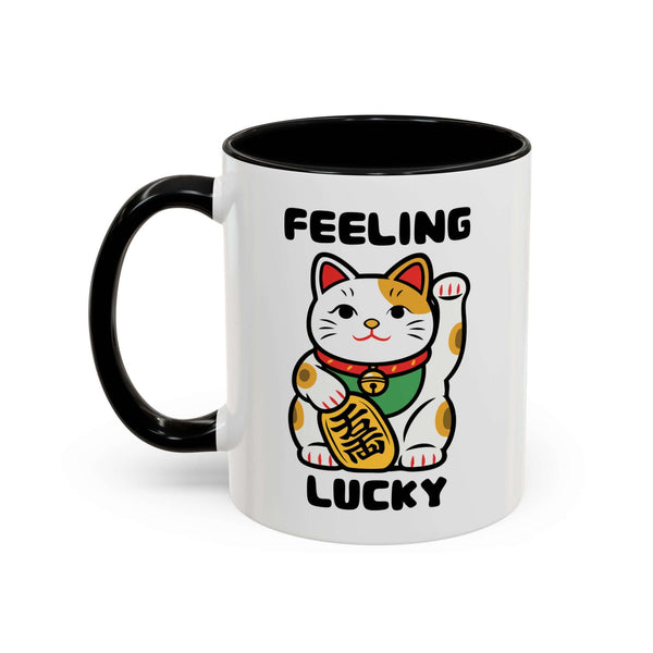 Feeling Lucky Cat Mug - Cute Maneki-Neko Illustration with a cheerful cat design and colorful handle.