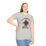 I'm a lumberjack and I'm okay t shirt worn by a smiling woman, featuring a cheerful lumberjack graphic.