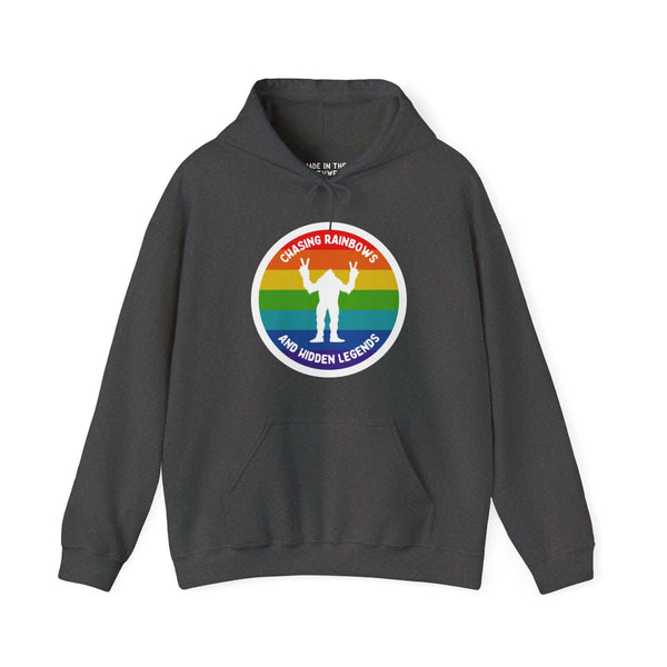 Chasing Rainbows Sasquatch Hoodie with rainbow circle and Sasquatch graphic, celebrating PNW spirit and local pride.