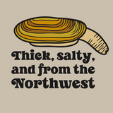 Graphic of a geoduck clam with text 'Thick, salty, and from the Northwest' for a humorous hoodie design.
