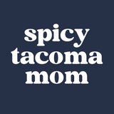 Text design featuring 'spicy tacoma mom' in bold white font on a navy background.