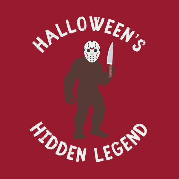 Halloween's Hidden Legend Bigfoot tee featuring Sasquatch in a Jason mask with a knife, perfect for spooky season.