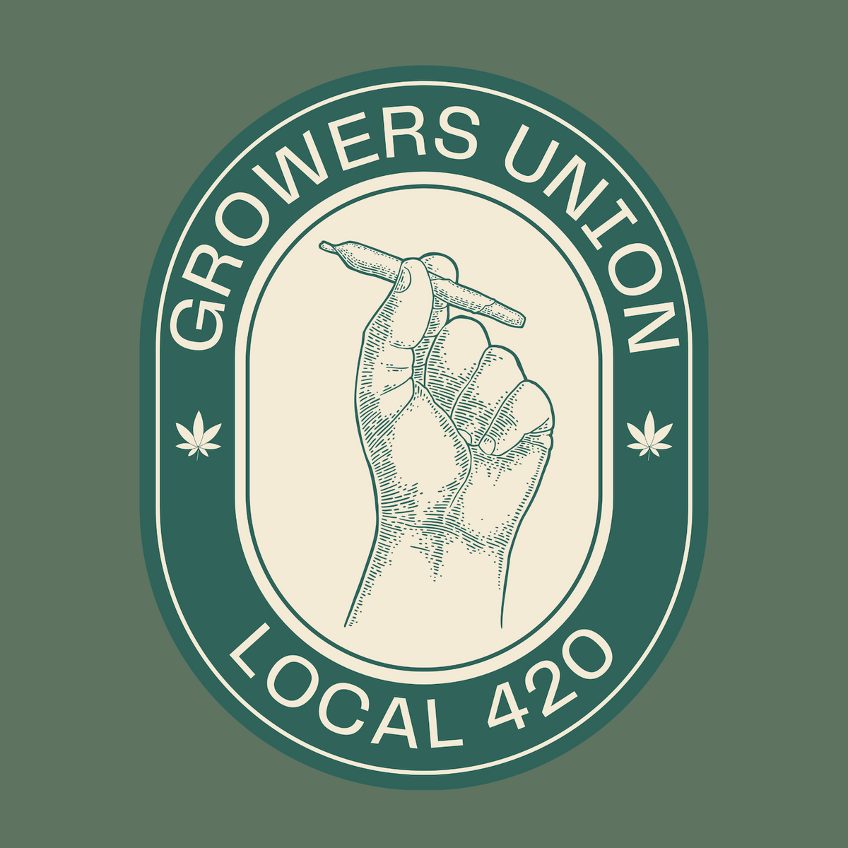 Illustration of a hand holding a joint, featured on the Grower's Union Local 420 sweatshirt design.