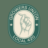 Illustration of a hand holding a joint, featured on the Grower's Union Local 420 sweatshirt design.