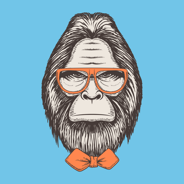 Gentleman of the Woods Bigfoot design with glasses and bowtie on blue background.