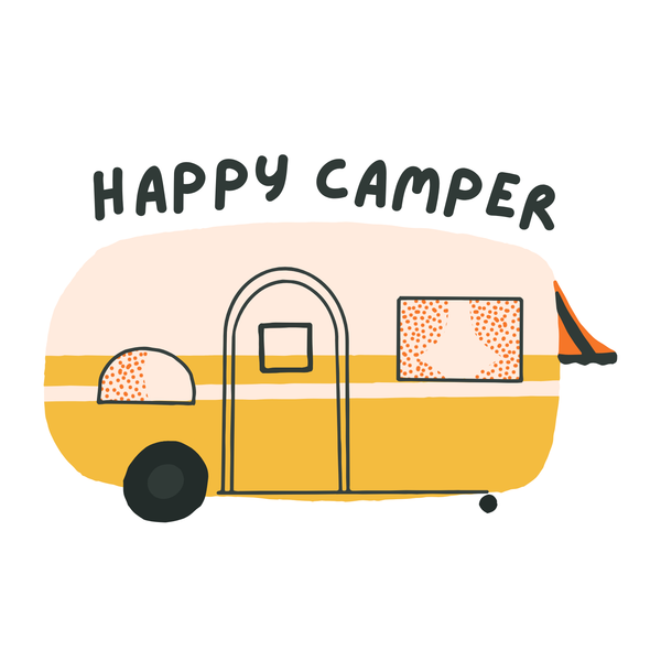 Happy Camper design featuring a cute vintage camper, perfect for adventure lovers and road trip enthusiasts.