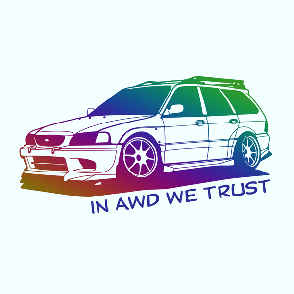 Illustration of a slammed Subaru WRX wagon with 'In AWD We Trust' text, perfect for automotive and car culture enthusiasts.