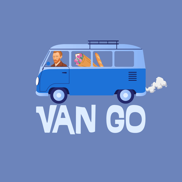 Illustration of Van Gogh in a blue VW van with flowers and bread, emphasizing the 'Van Go' pun for art lovers.