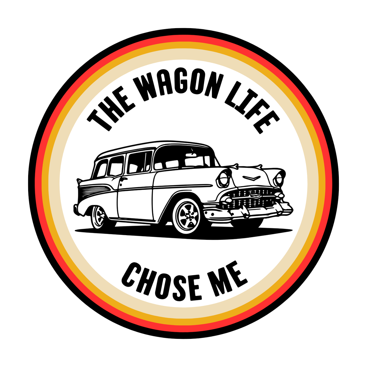 Vintage Chevy Nomad graphic with text 'The Wagon Life Chose Me' on circular badge design.