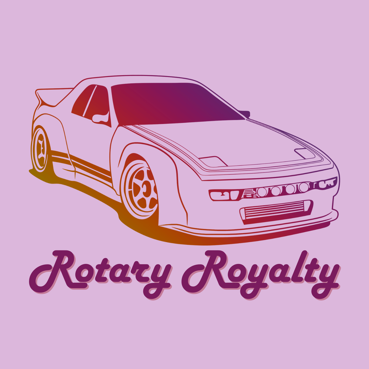 Illustration of a Mazda RX-7 with 'Rotary Royalty' text, celebrating JDM car culture and rotary engine performance.
