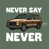 Vintage 80s minivan graphic on sweatshirt with 'Never Say Never' text for casual wear lovers.