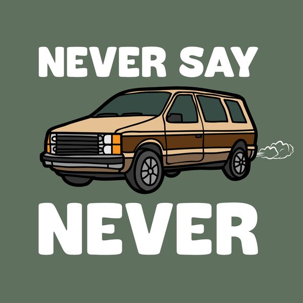 Vintage 80s minivan graphic on sweatshirt with 'Never Say Never' text for casual wear lovers.