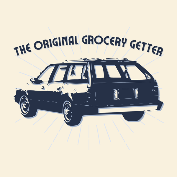Illustration of the Original Grocery Getter wagon with vintage style and bold text. Perfect for 80s retro fans.