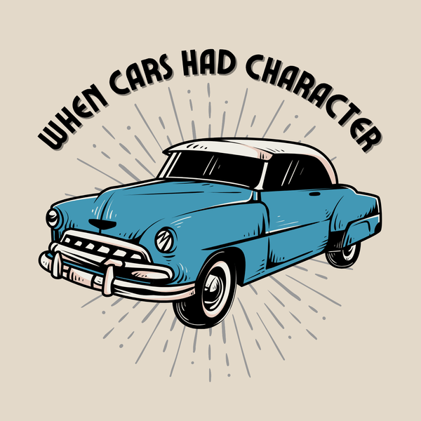 Vintage 52 Chevy Deluxe Coupe illustration with the text 'When Cars Had Character' for classic car lovers.