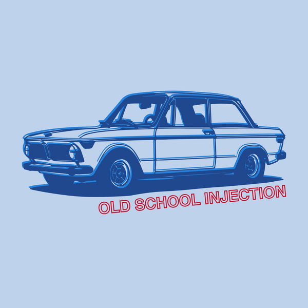 Illustration of a classic BMW 2002 Tii with text 'Old School Injection' on a light blue background.
