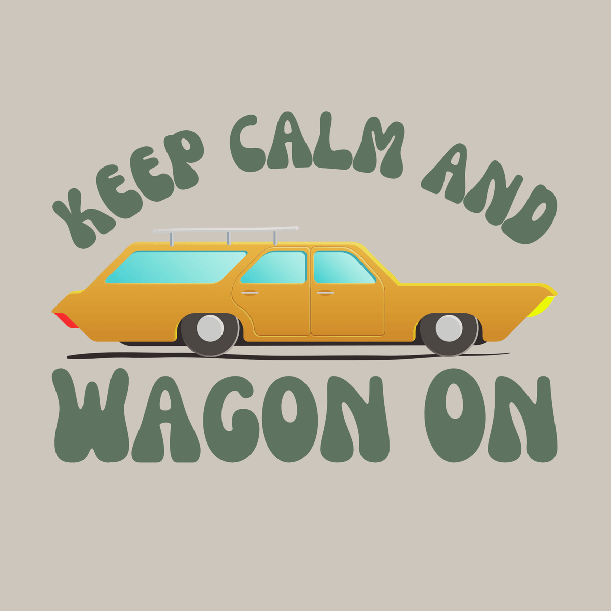 Keep Calm and Wagon On tee featuring a vintage yellow '68 Chevelle wagon graphic on a light background.