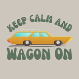 Keep Calm and Wagon On tee featuring a vintage yellow '68 Chevelle wagon graphic on a light background.