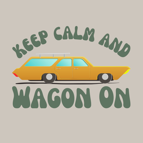 Keep Calm and Wagon On tee featuring a vintage yellow '68 Chevelle wagon graphic on a light background.