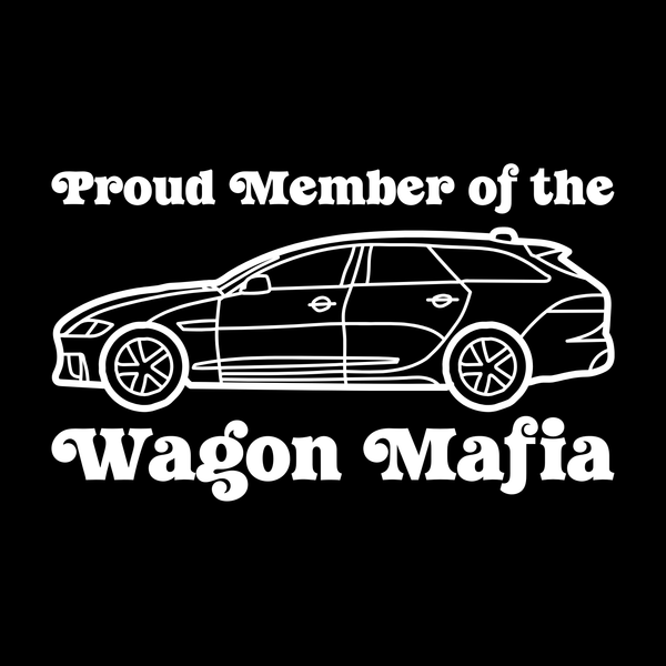 Proud Member of the Wagon Mafia T-shirt design featuring a stylish wagon silhouette on a black background.