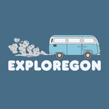 Retro Exploregon Adventure Van graphic with bold lettering on a blue background.