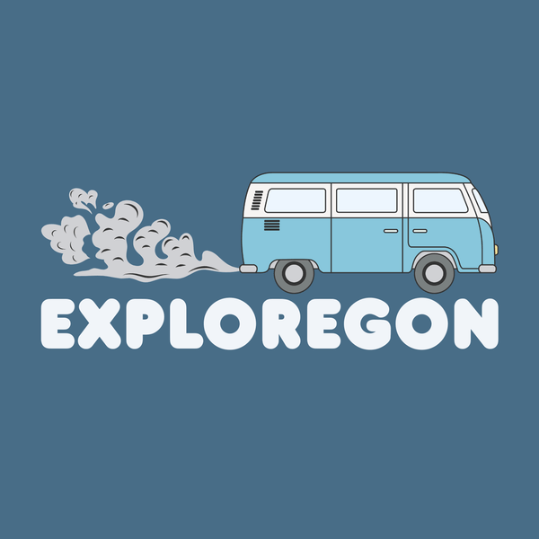 Retro Exploregon Adventure Van graphic with bold lettering on a blue background.