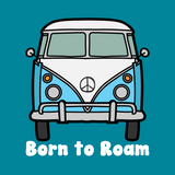 Born to Roam vintage van graphic on teal background, embodying the spirit of adventure and nomadic lifestyle.