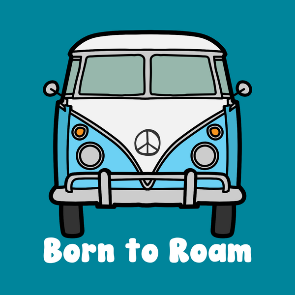 Born to Roam vintage van graphic on teal background, embodying the spirit of adventure and nomadic lifestyle.