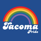 Tacoma Pride design featuring a vibrant rainbow over the words 'Tacoma Pride' on a blue background.