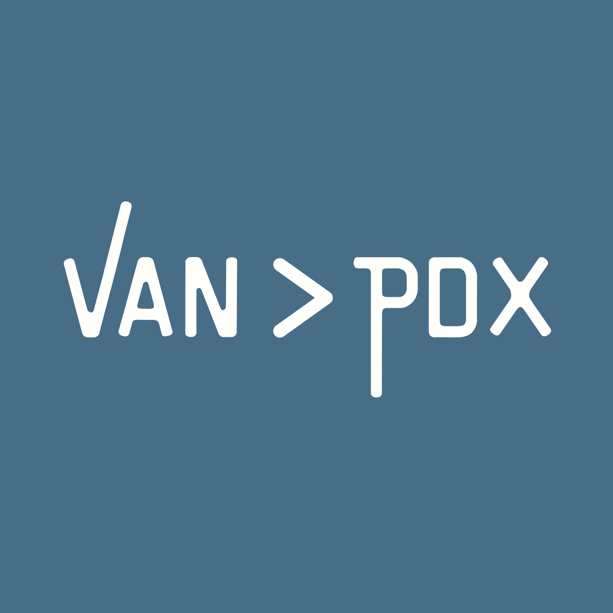 Vancouver vs Portland graphic logo with Van greater than PDX symbol on blue background.