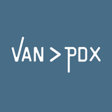 Vancouver vs Portland graphic logo with Van greater than PDX symbol on blue background.