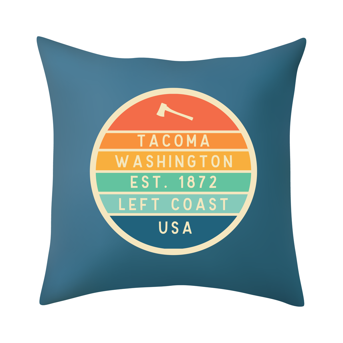 Left Coast Retro Tacoma Washington Square Accent Pillow with vintage badge design in teal.