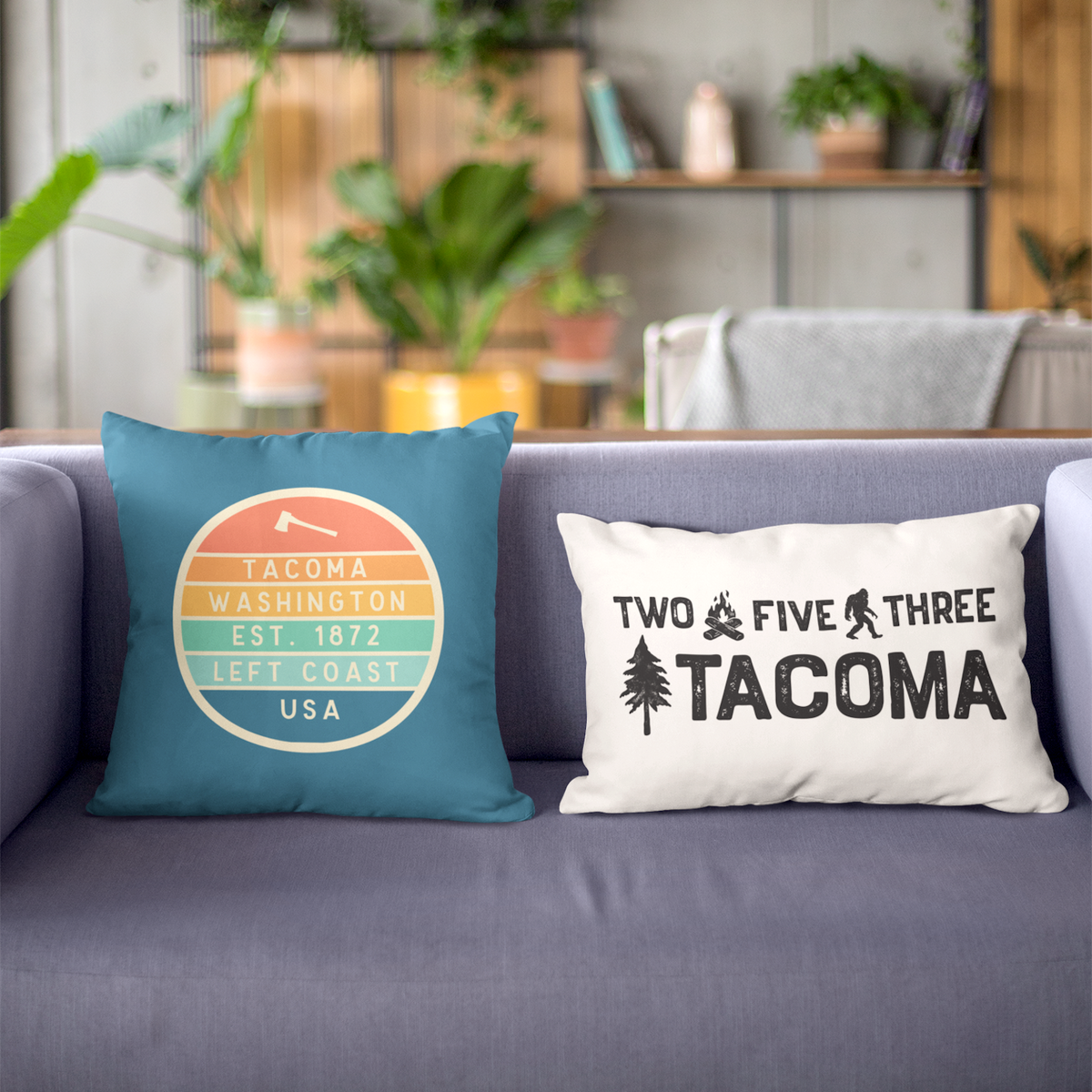 Left Coast Retro Tacoma Washington Square Accent Pillow on a cozy couch with Tacoma-themed designs.