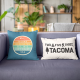 Left Coast Retro Tacoma Washington Square Accent Pillow on a cozy couch with Tacoma-themed designs.