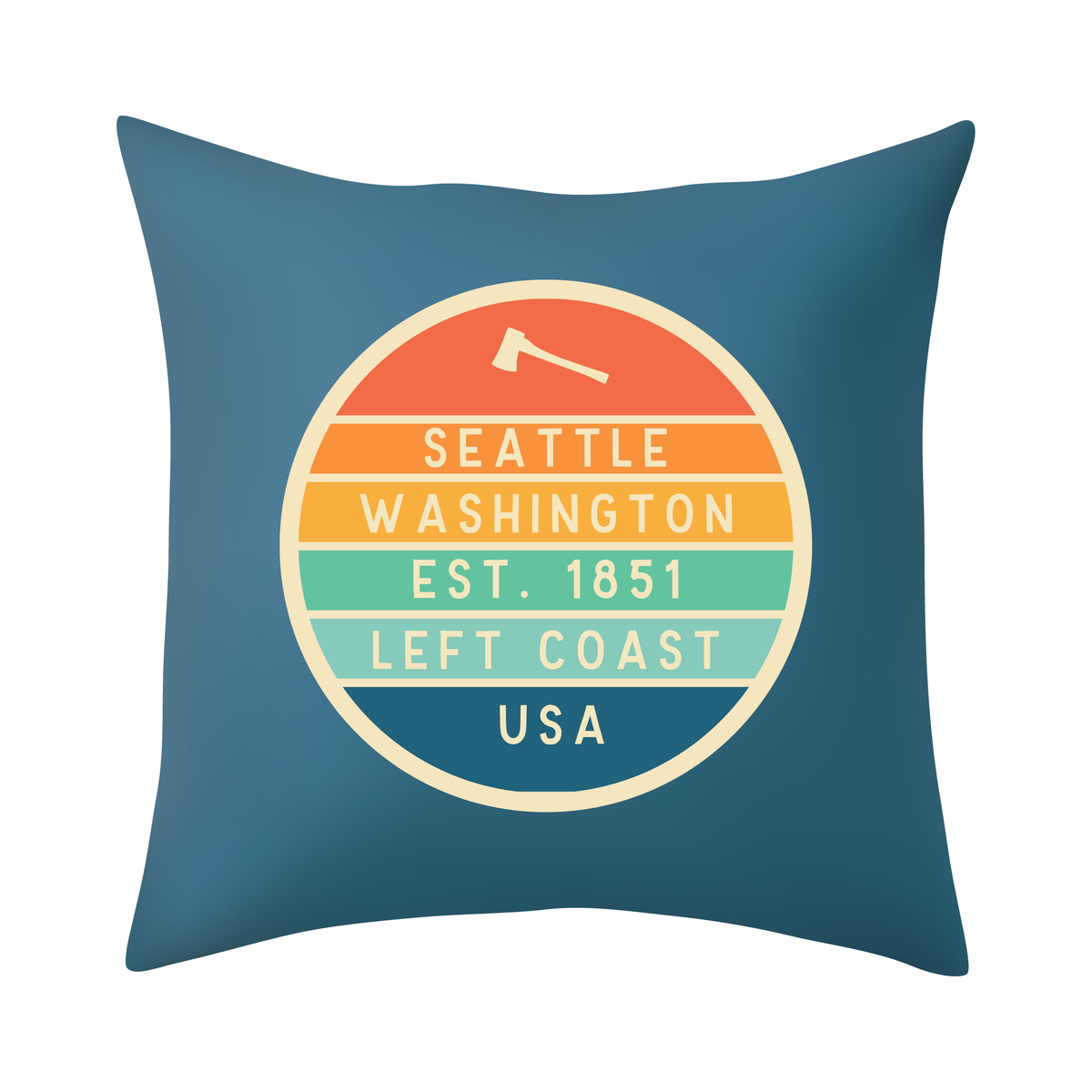 Left Coast Retro Seattle Washington Square Accent Pillow with retro badge design highlighting Seattle.