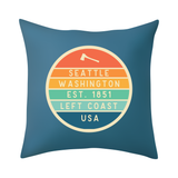 Left Coast Retro Seattle Washington Square Accent Pillow with retro badge design highlighting Seattle.