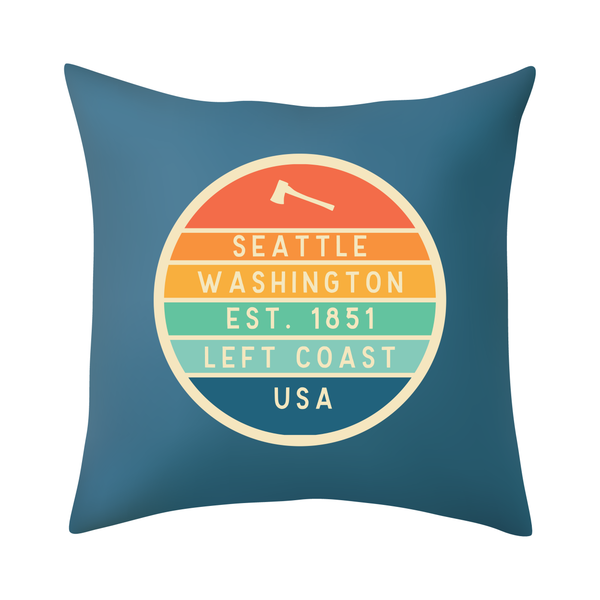 Left Coast Retro Seattle Washington Square Accent Pillow with retro badge design highlighting Seattle.