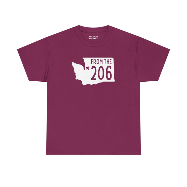 Maroon Washington State Athletic Tee with 'From the 206' design, featuring a star marking Seattle.