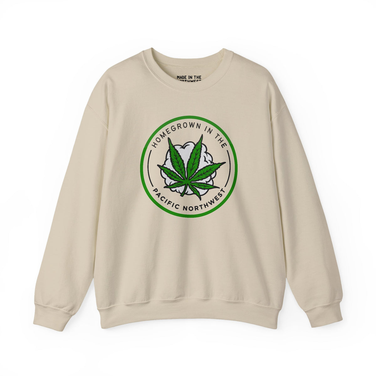 Homegrown Vibes PNW Edition sweatshirt featuring marijuana leaf design and Pacific Northwest text.