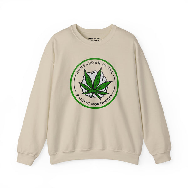Homegrown Vibes PNW Edition sweatshirt featuring marijuana leaf design and Pacific Northwest text.