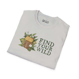 Softstyle t-shirt with 'Find Your Wild' design featuring a backpack and lush ferns, perfect for adventurers.