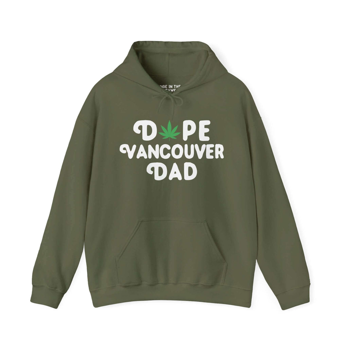 Olive green "Dope Vancouver Dad" hoodie with marijuana leaf design, celebrating Washington state vibe and style.